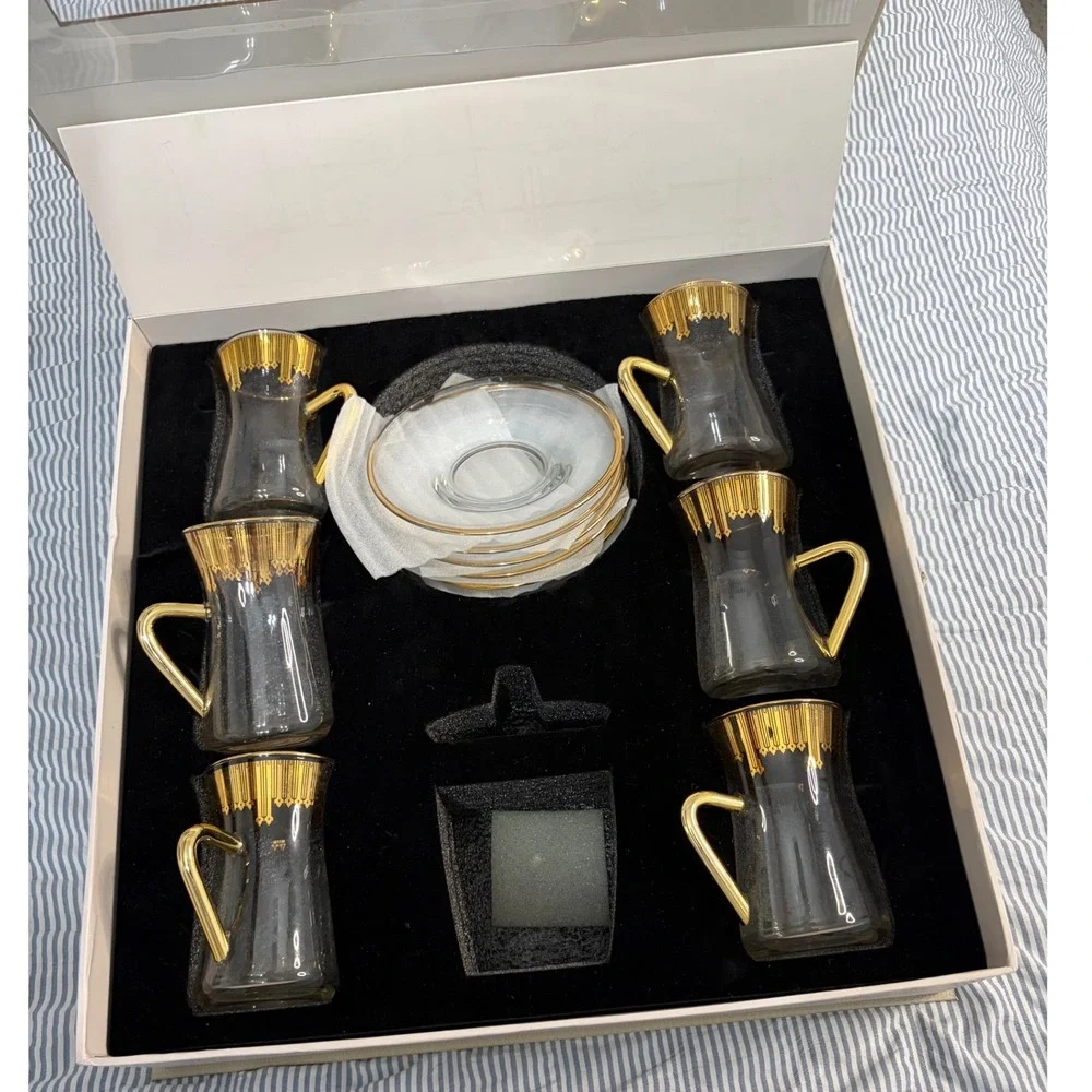 Otantik Home Mirral Turkish Tea Set 6 Cups 6 Saucers Gold Trim Glass Boxed New